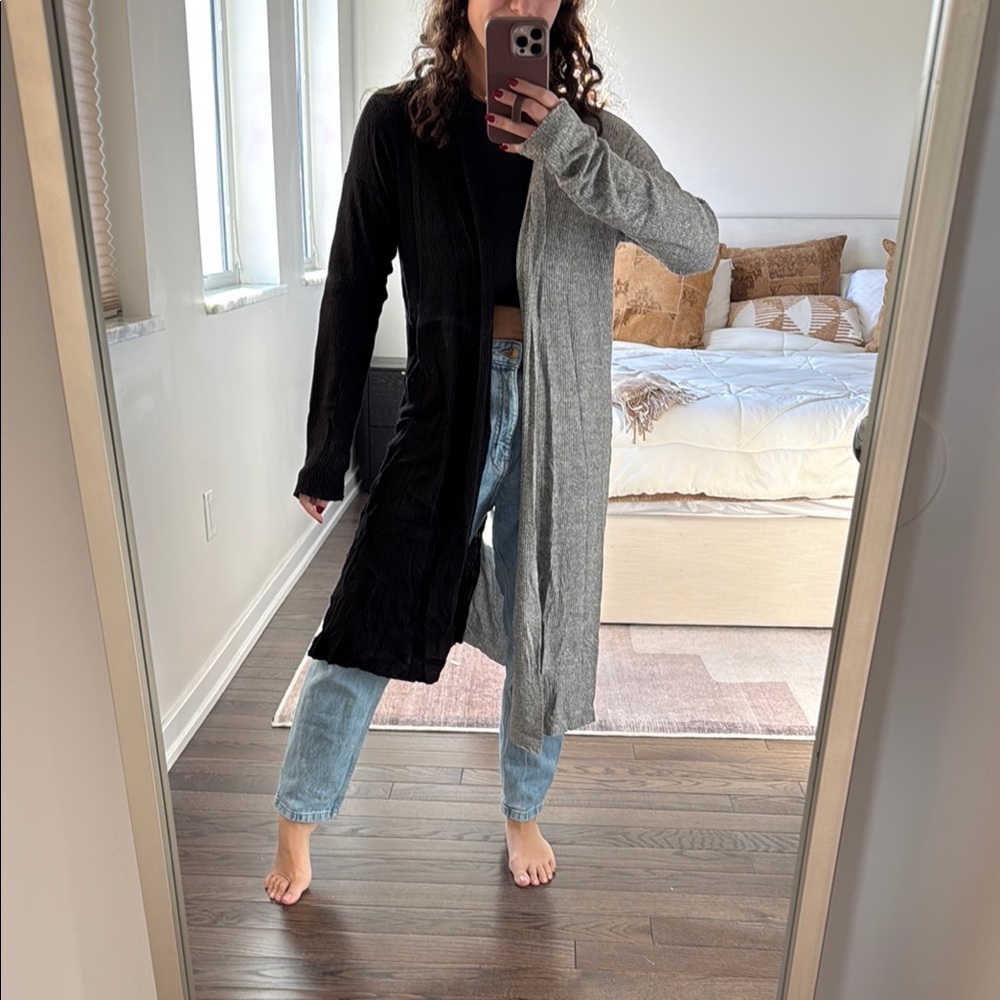 Maple sage Black and Gray Long Cardigan with lightening bolt on back